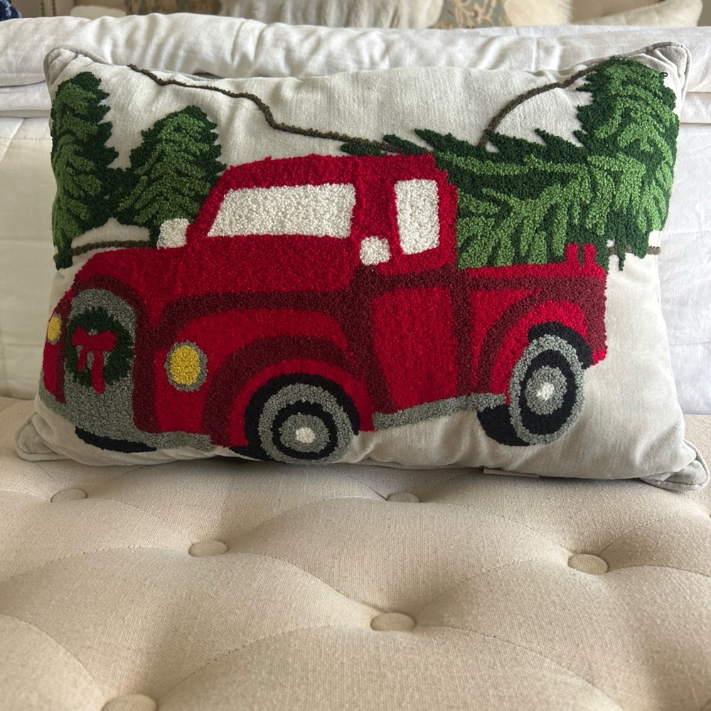 NAPA STYLE Red Truck Christmas Tree Pillow Looped Sherpa Style Pillow Velvet